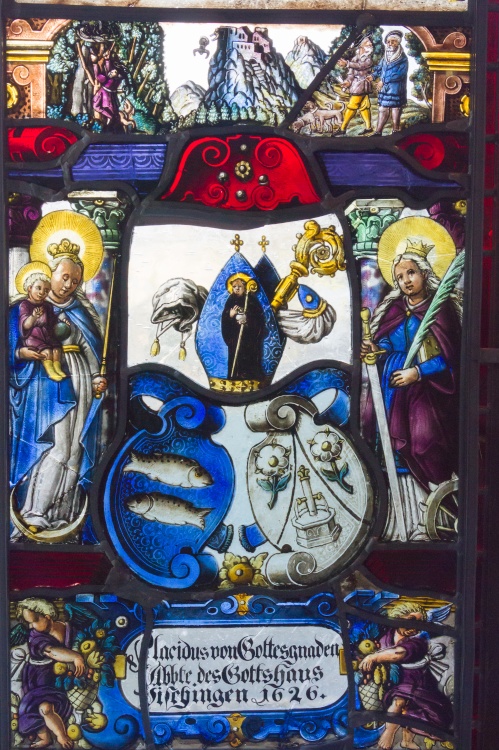 Swiss stained glass panel on the main staircase at Greys Court