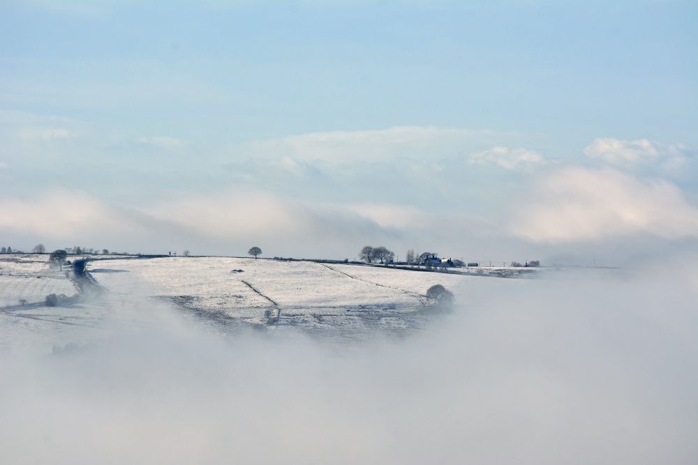 Snowy Biddulph Moor, Staffordshire above thick fog