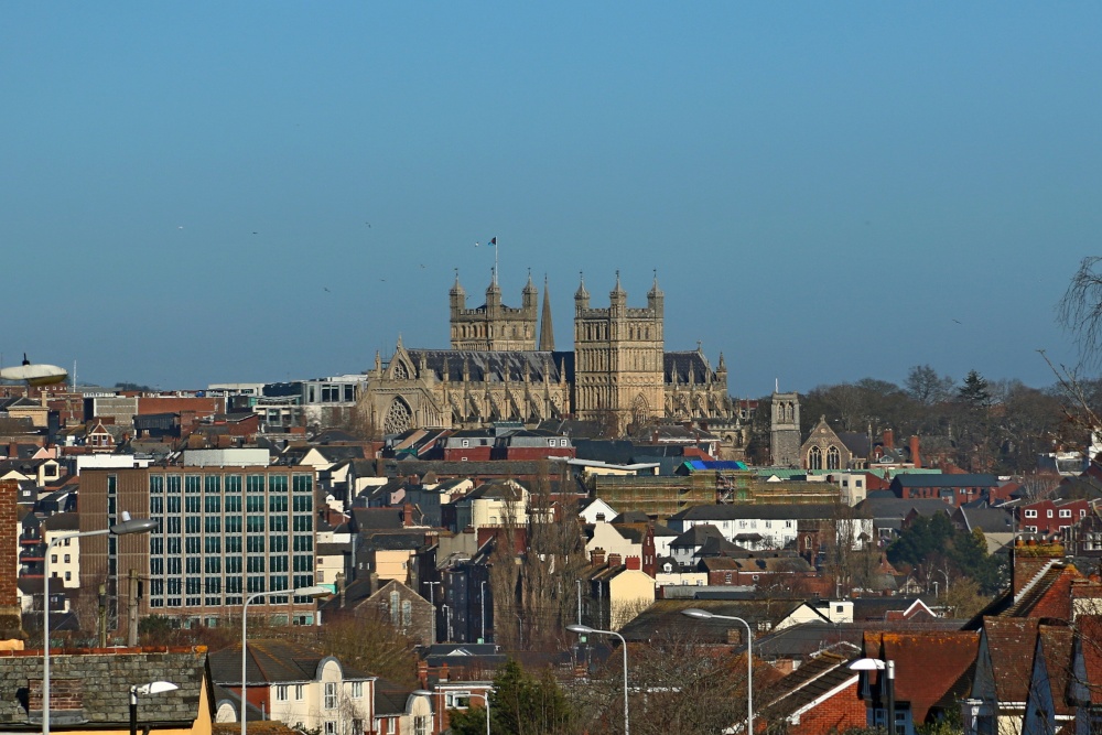 Exeter Cathedral surrounded by buildings