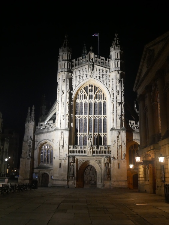 The entance to Bath Abbey, taken at night, in the city of Bath