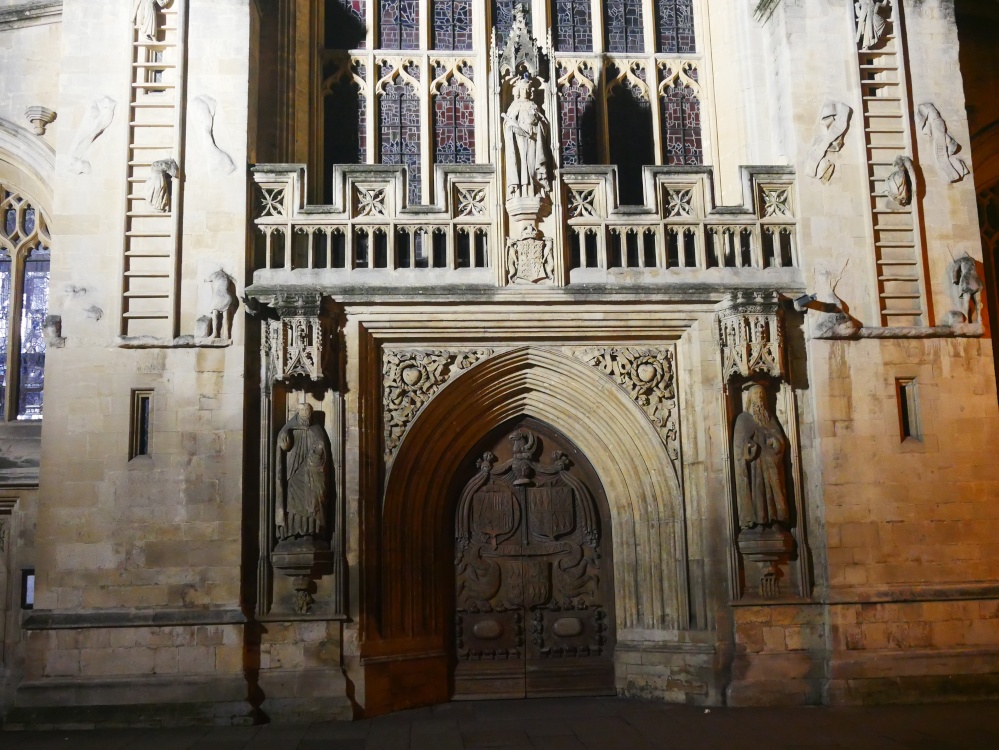 Entrance to Bath Abbey at night, detail, in the city of Bath