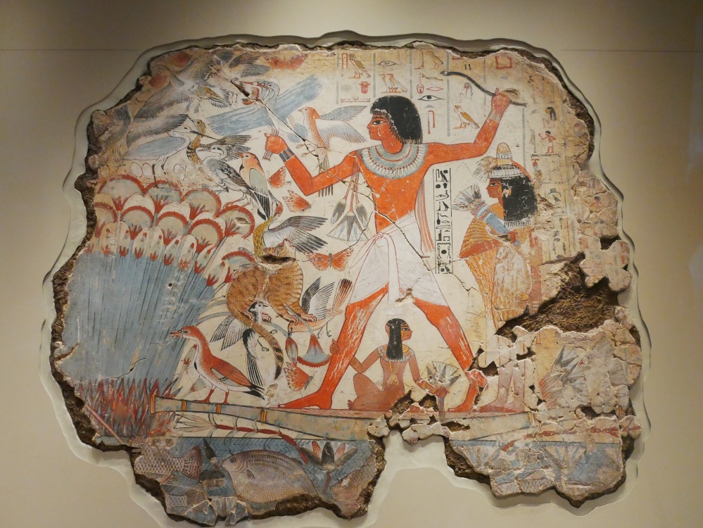 Wall art showing a river scene from ancient Egypt, in the British Museum, London