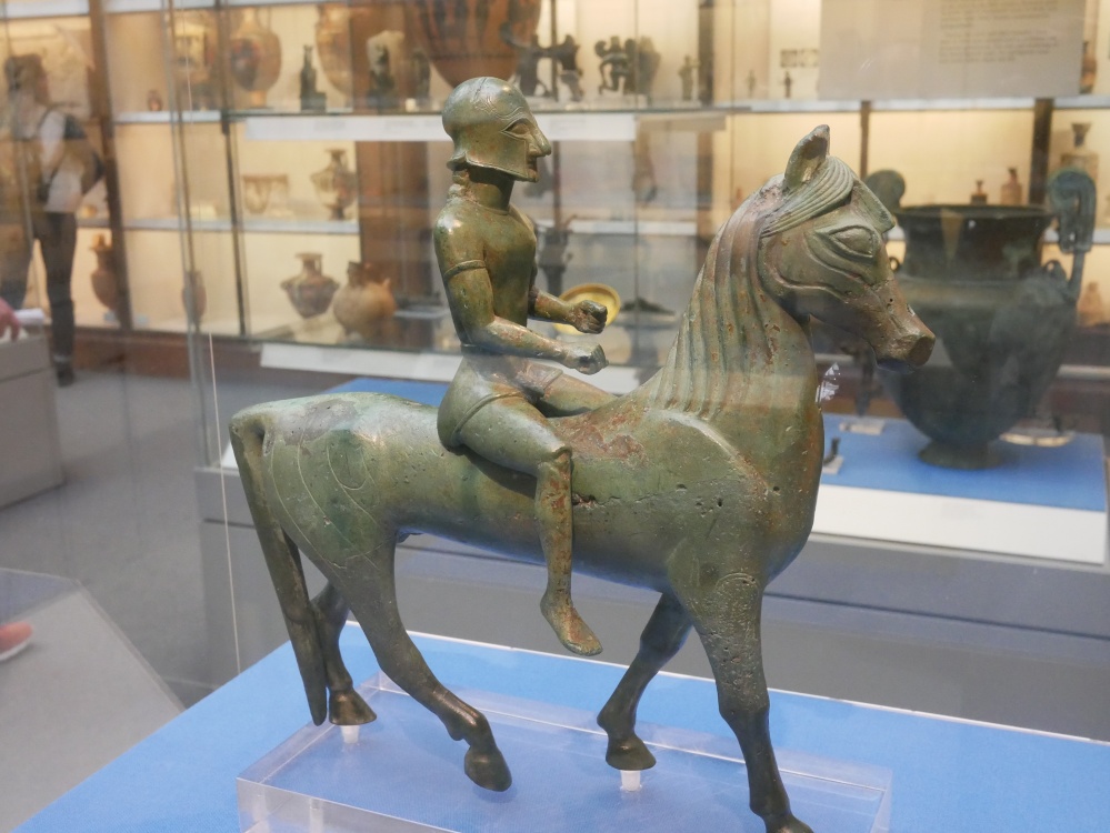 Bronze statue of ancient Greek soldier riding a horse, in the British Museum
