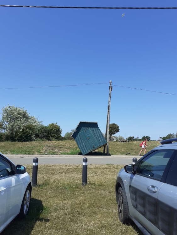 Precarious looking beach hut at Brightlingsea, Essex