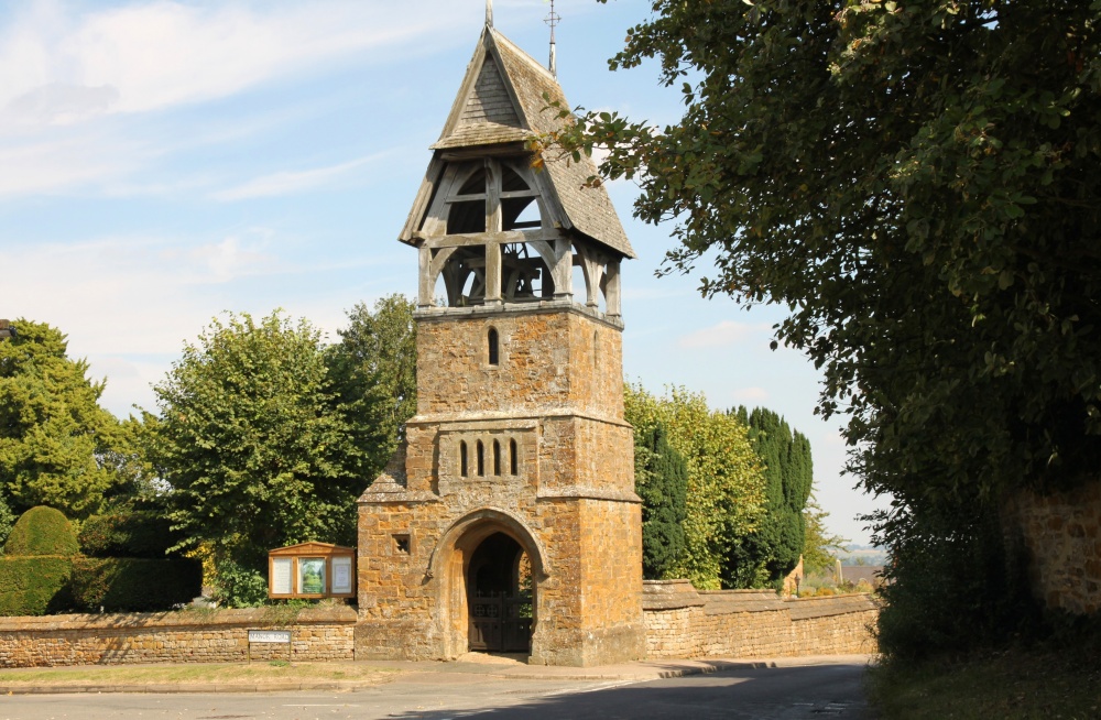 The bell tower and lychgate to All Saints' Church, Great Bourton