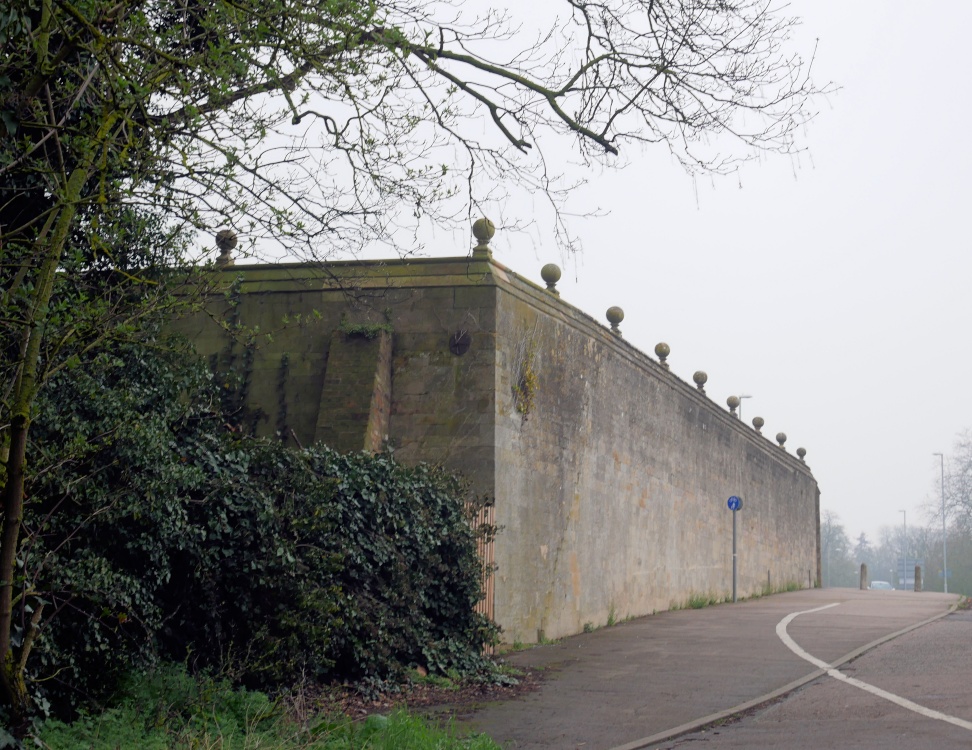 Walls around Hinchingbrooke House, on a foggy day