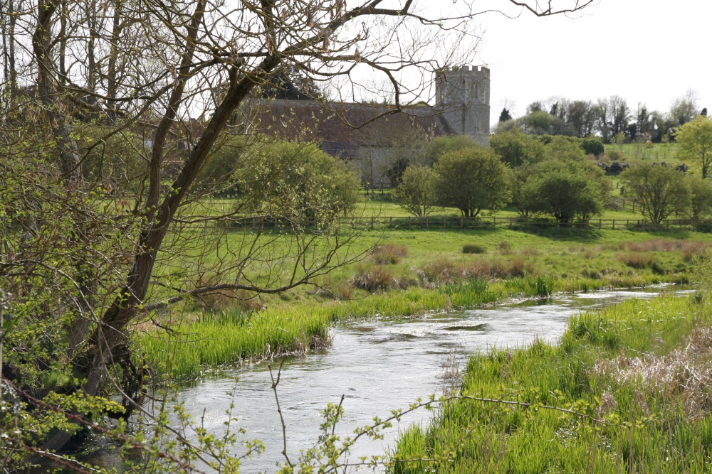 The River Lambourn at  Great Shefford with St. Mary's Church in the background.