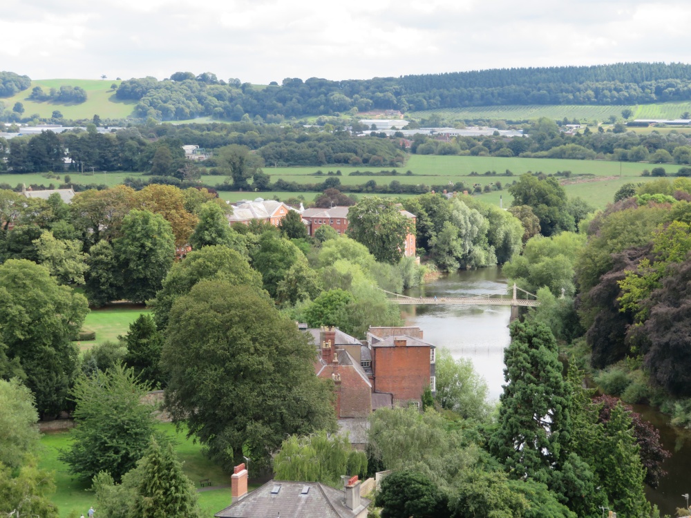 Photograph of River Wye from  the tower of Hereford Cathedral.