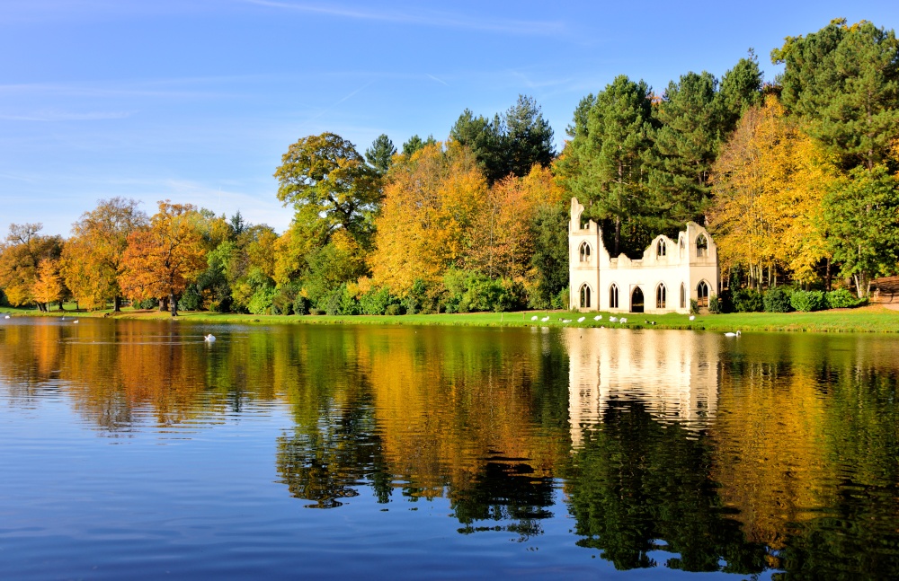Autumn View of the Ruined Abbey in Painshill Park, Cobham, Surrey