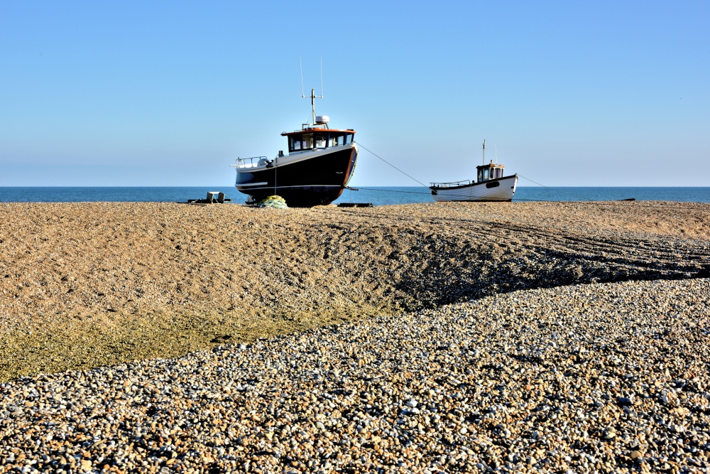Two Current Fishing Boats Perched on a Shingle Bank at Dungeness