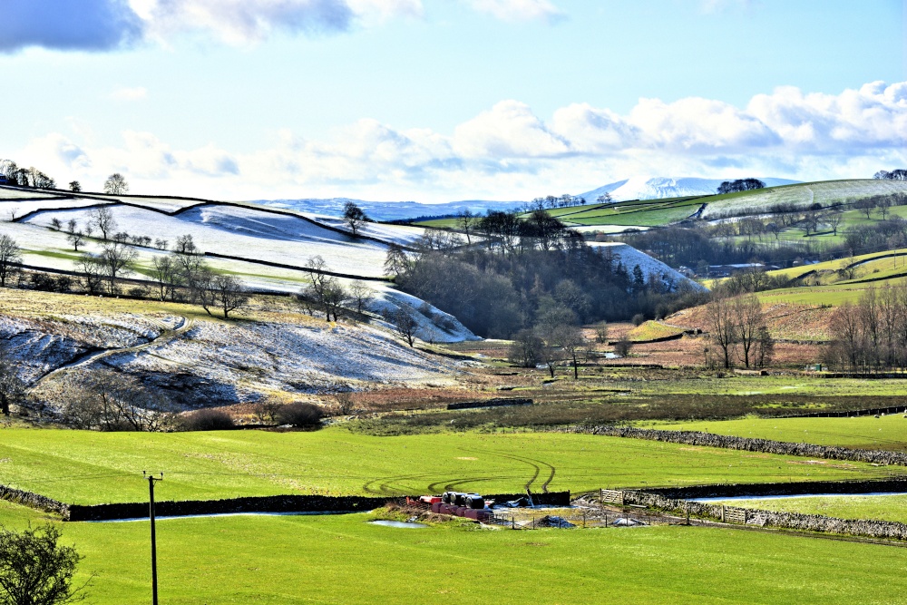 Winter View East from Gordale Lane with Snow-capped Ingleborough in the Distance