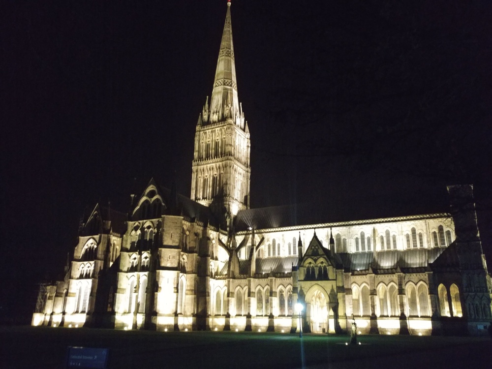 Salisbury cathedral at night from North Walk in The Close.
