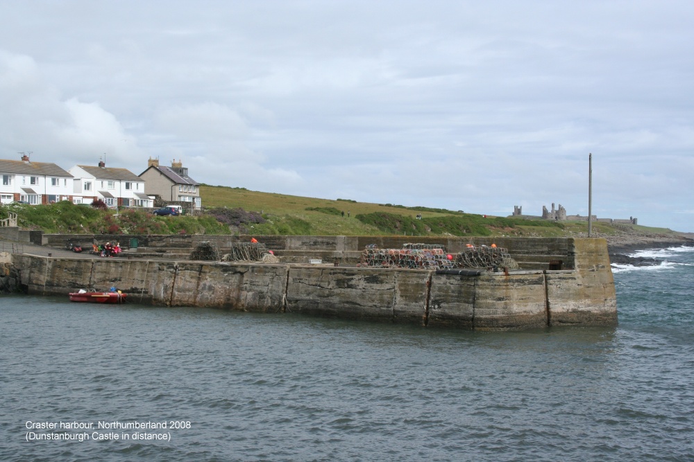 Craster harbour with Dunstanburgh Castle in the background