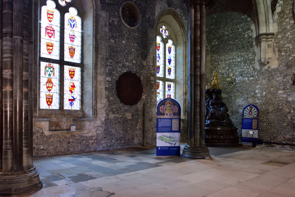 Stained Glass Windows in the Long Gallery of the Great Hall, Honouring past Kings and Knights.