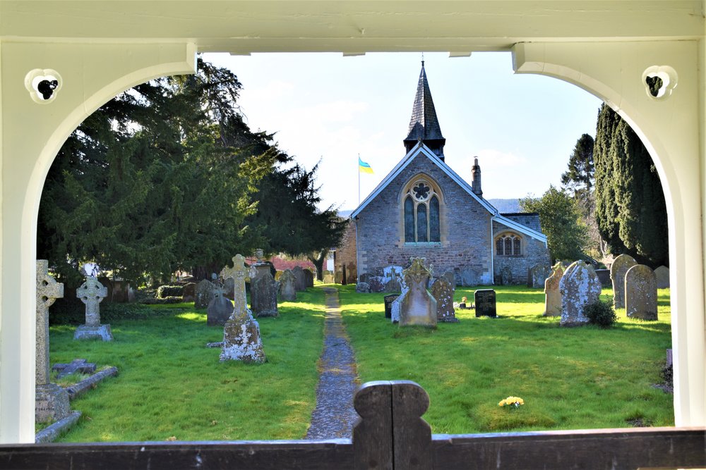 St Mary's church at Bucknell through the Lynchgate.