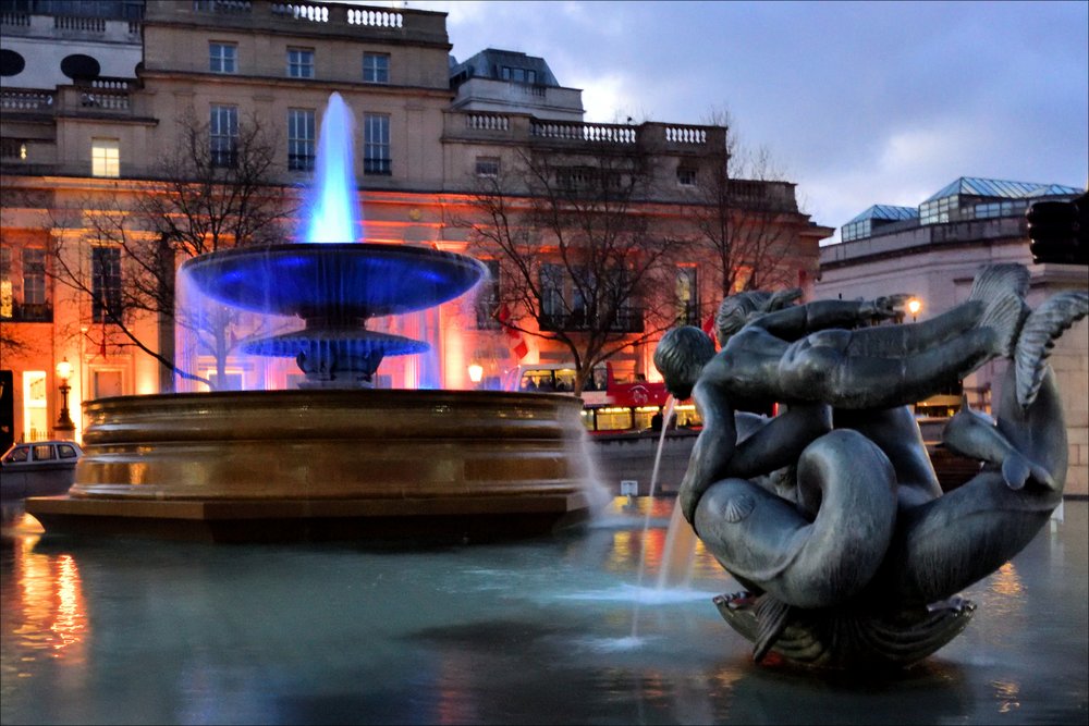 Evening View of Trafalgar Square Fountain and Canadian Embassy