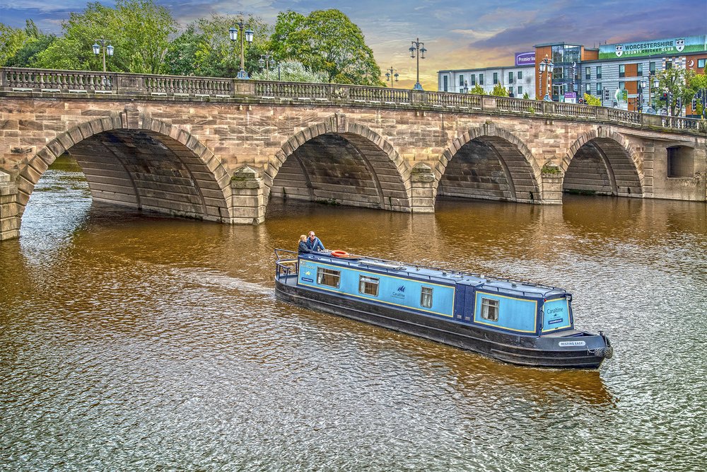 Worcester Severn Bridge with canal narrowboat