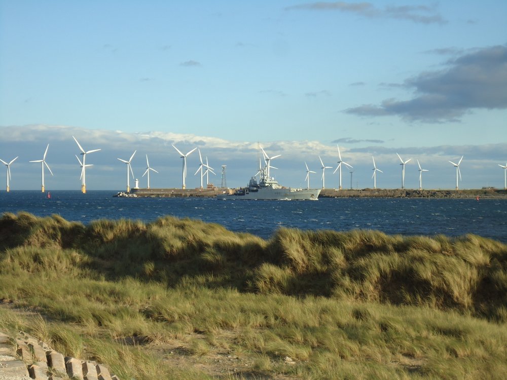 Warship HMS Endevour entering River Tees
