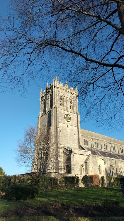 The imposing edifice of the Priory Church in Christchurch in winter sunshine